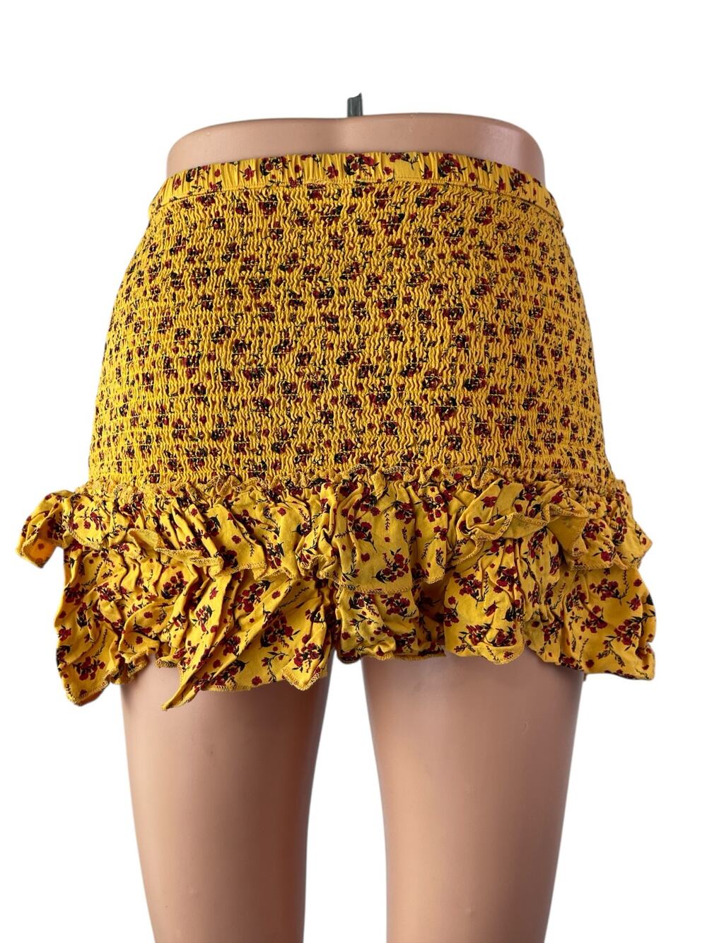 Resort Womens Yellow Floral Smocked Ruffled Bohemian Summer Mini Bodycon Skirt S